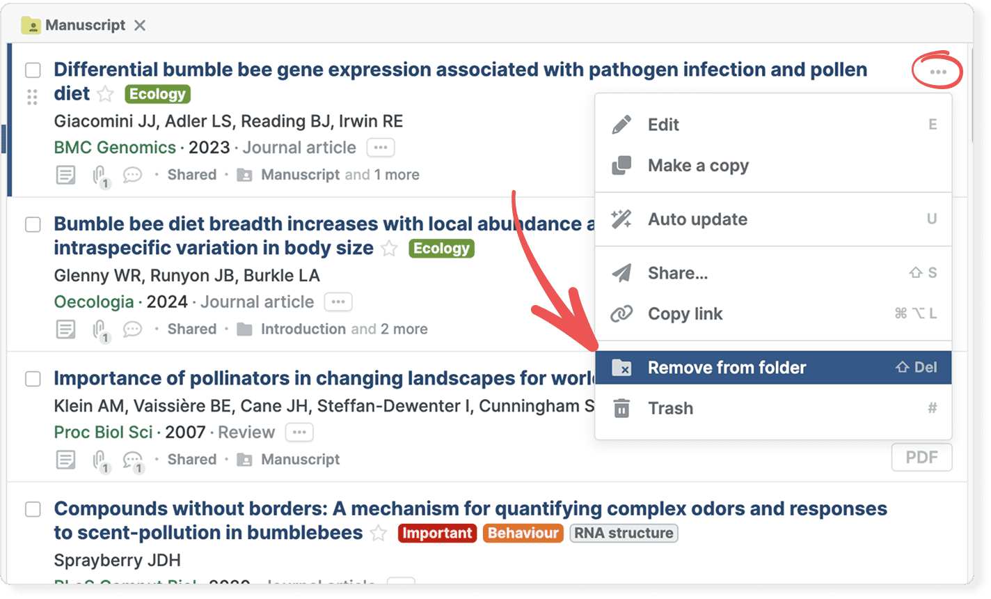 A reference in a shared folder with its circled three-dot menu open and an arrow pointing to “Remove from folder”, below Edit, Make a copy, Auto update, Share… and Copy link, and above Trash.